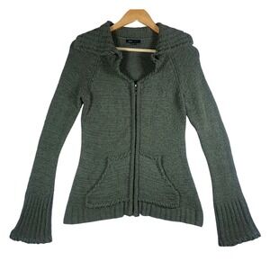BCBGMAXAZRIA Green Knit Hooded Zip Front Cardigan Y2K Sweater Flared Sleeve BOHO